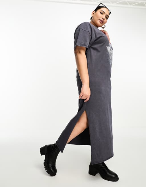 ASOS DESIGN Curve T shirt midi dress with split hem and graphic in washed gray