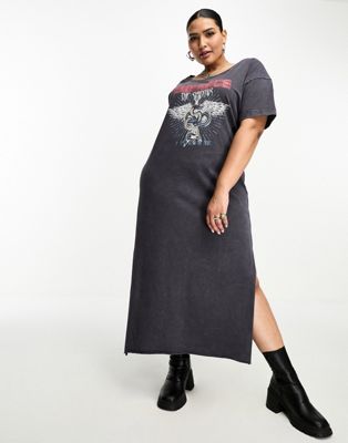 ASOS DESIGN Curve t-shirt midi dress with split hem and graphic in washed grey