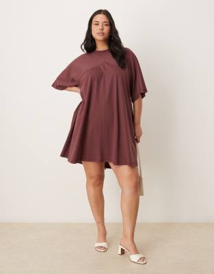 ASOS DESIGN Curve t-shirt mini swing dress with fringe back detail in chocolate