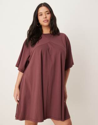ASOS DESIGN Curve t-shirt mini swing dress with fringe back detail in chocolate
