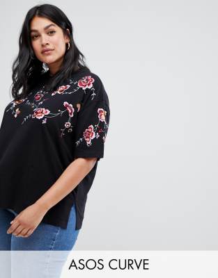 ASOS DESIGN Curve - T-Shirt mit Stickerei-Schwarz