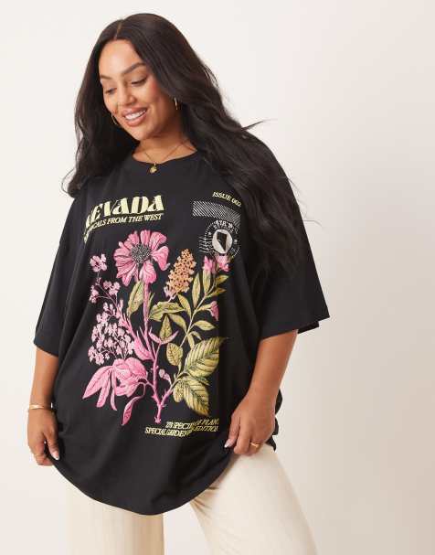 ASOS DESIGN Curve - T-shirt oversize à imprimé fleurs et Nevada - Noir - view 1