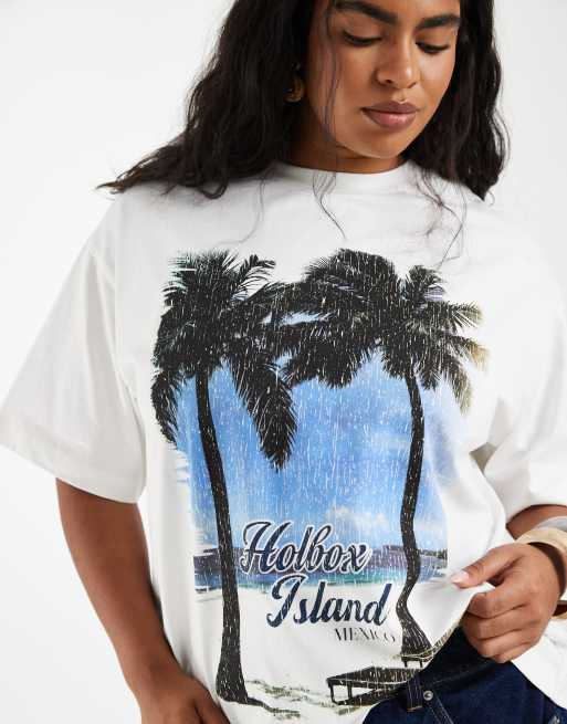 ASOS DESIGN Curve - T-shirt oversize à imprimé palmier et Holbox Island - Blanc, 3 de 4