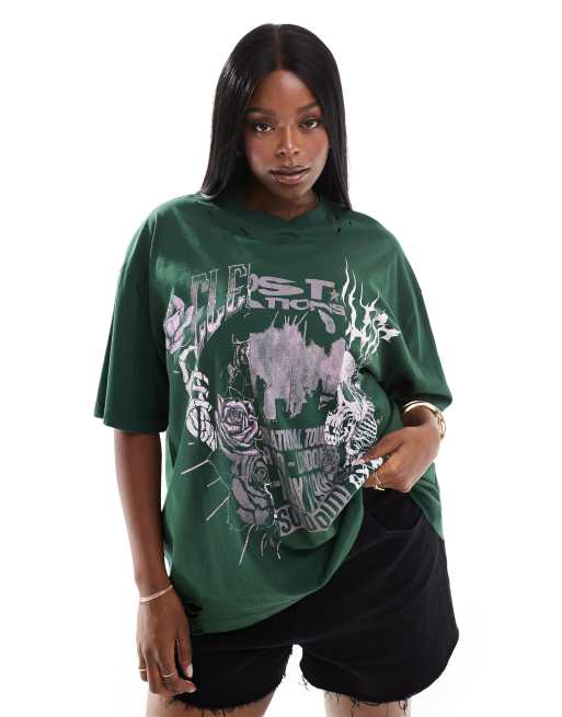 ASOS DESIGN Curve - T-shirt oversize à imprimé style rock effet coupé - Vert foncé