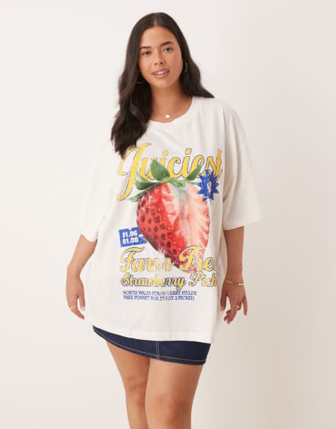 ASOS DESIGN Curve - T-shirt oversize à motif fraise style vintage - Crème - view 1