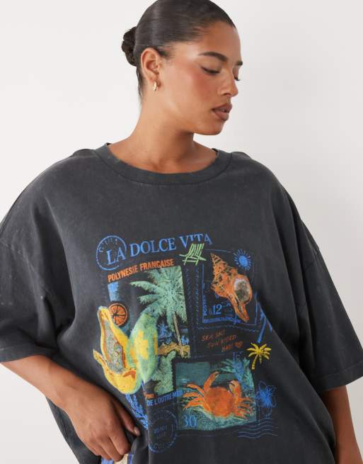 ASOS DESIGN CURVE - T-shirt oversize avec imprimé carte postale - Anthracite, 2 de 4
