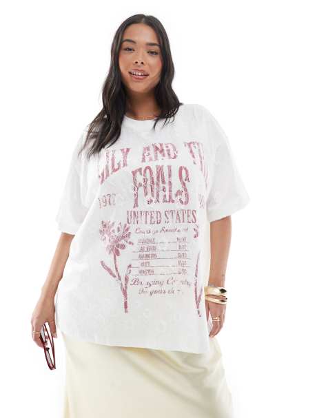 ASOS DESIGN Curve - T-shirt oversize avec imprimé groupe et épaisseur en dentelle - Blanc - view 1