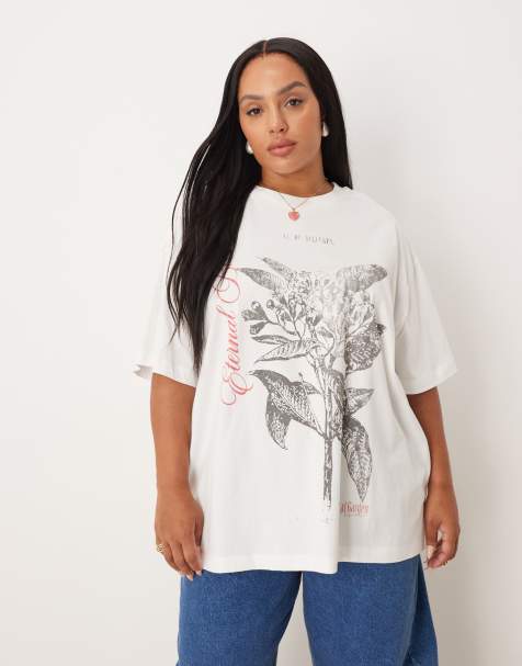 ASOS DESIGN Curve - T-shirt oversize avec imprimé rose en noir et blanc - Crème - view 1