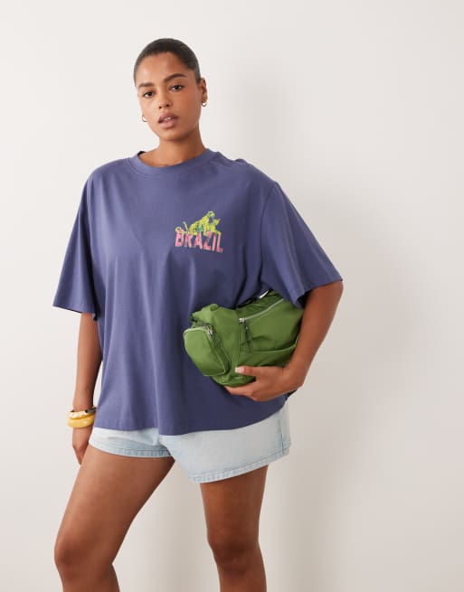 ASOS DESIGN Curve - T-shirt oversize avec motif léopard et inscription Brazil - Bleu, 4 de 4