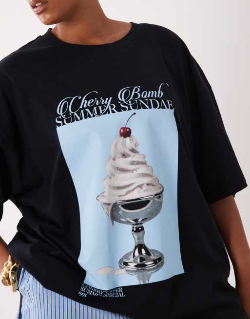 ASOS DESIGN Curve t-shirt oversize avec motif sundae d'été noir, 2 de 4