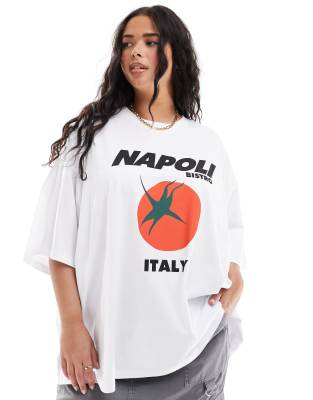Asos Design Curve - T-Shirt Oversize Bianca Con Grafica Con Scritta "Napoli" E Pomodoro-Bianco