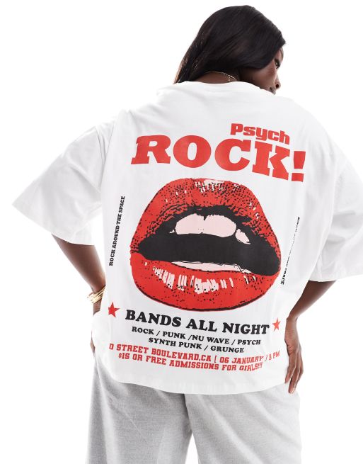 ASOS DESIGN Curve - T-shirt oversize bianca con grafica di band rock e labbra