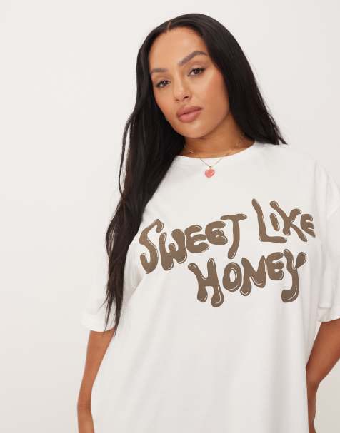 ASOS DESIGN Curve - T-shirt oversize color crema con grafica con scritta Sweet Like Honey - view 1