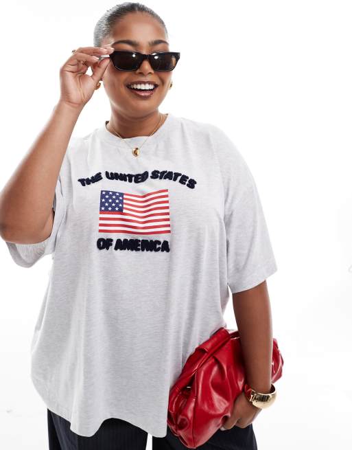 ASOS DESIGN Curve - T-shirt oversize color grigio mélange con stampa grafica della bandiera USA