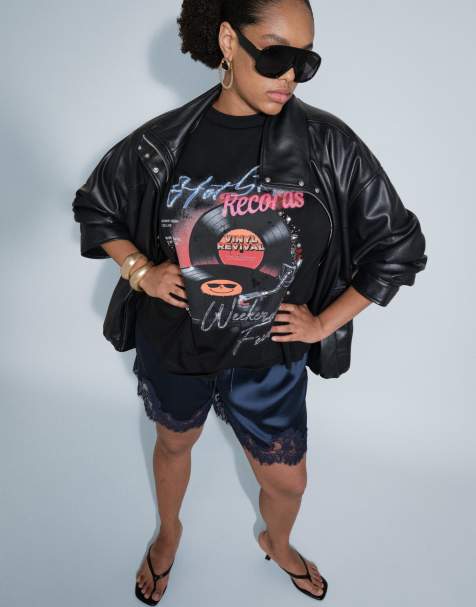 ASOS DESIGN Curve T-shirt oversize con applicazione e grafica vintage in vinile nera - view 1