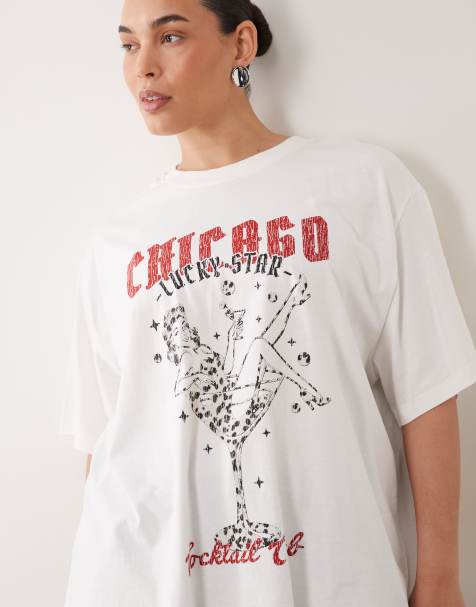 ASOS DESIGN Curve T-shirt oversize con grafica martini pin-up in crema - view 1