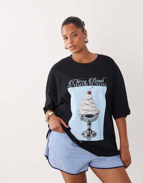 ASOS DESIGN Curve T-shirt oversize con grafica summer sundae nera - view 1