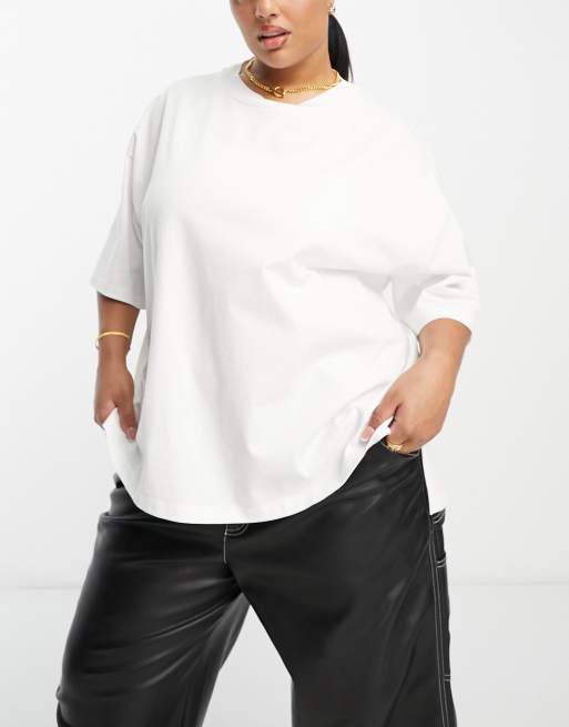 ASOS DESIGN Curve - T-shirt oversize pesante bianca con spacchi laterali
