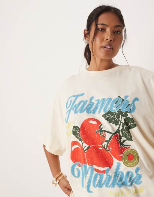 ASOS DESIGN Curve - T-shirt oversize rosa con grafica "Farmer" con pomodori, 3 di 4