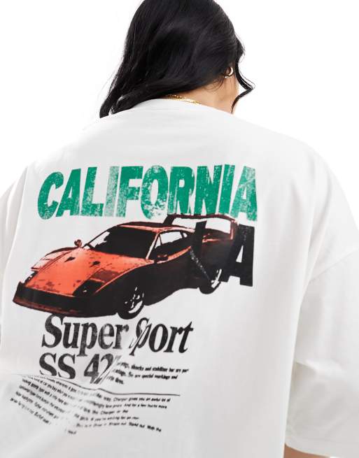 ASOS DESIGN Curve – T-shirt oversize w kolorze złamanej bieli z grafiką z samochodem i napisem „California”