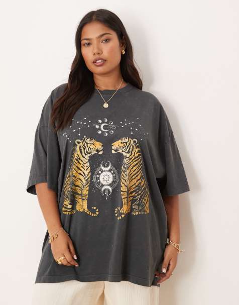 ASOS DESIGN Curve – T-shirt oversize w spranym grafitowym kolorze z grafiką z tygrysami - view 1