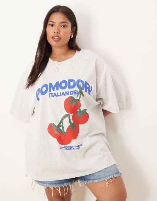 ASOS DESIGN Curve – T-shirt oversize w szarym melanżowym kolorze z grafiką z pomidorami i napisem Pomodoro