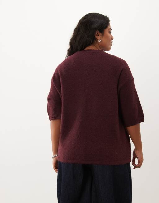 ASOS DESIGN Curve - T-shirt ras de cou d'ensemble en laine mélangée - Bordeaux, 3 de 4