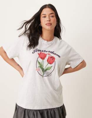 ASOS DESIGN Curve - T-shirt regular fit color ghiaccio mélange con grafica di tulipani e scritta Amsterdam - view 1