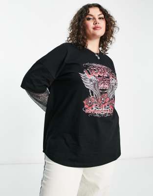 T-shirt rock con inserto con maniche in rete pitonate-Nero - ASOS Curve T-shirt donna  - immagine1