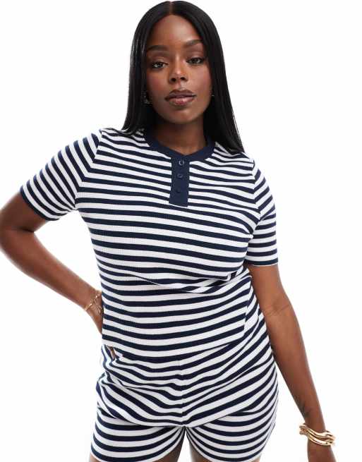ASOS DESIGN Curve - T-shirt serafino a maniche corte a righe lavorata a nido d'ape in coordinato