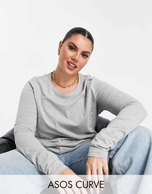 ASOS DESIGN Curve - T-shirt slim grigio mélange a maniche lunghe