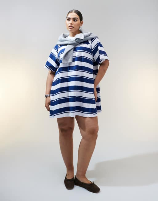 ASOS DESIGN Curve t-shirt swing mini dress in blue stripe