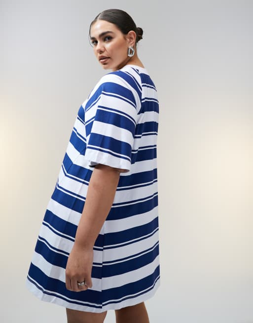 ASOS DESIGN Curve t-shirt swing mini dress in blue stripe