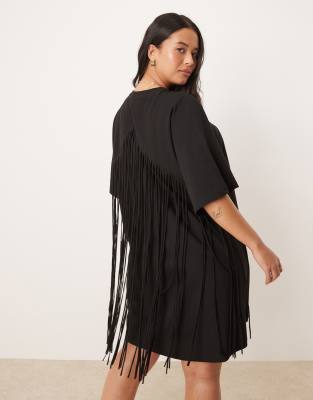 ASOS DESIGN Curve t shirt swing mini dress with fringe back detail in black