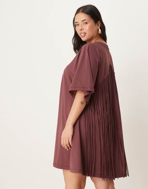 ASOS DESIGN Curve t shirt swing mini dress with fringe back detail in chocolate - view 1