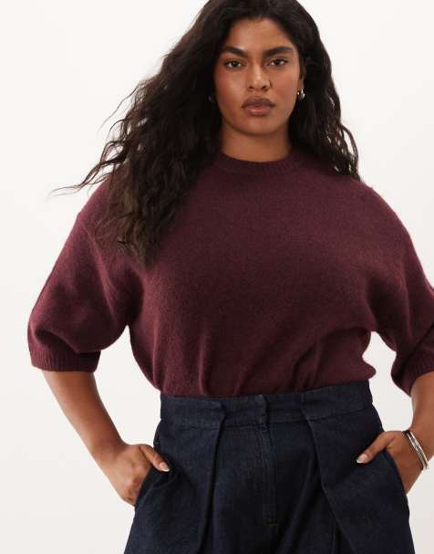ASOS DESIGN Curve - T-shirt van wolmix met ronde hals in bordeauxrood, deel van co-ord set - view 1