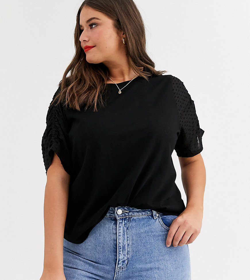 ASOS DESIGN Curve t-shirt with dobby ruched sleeve-Black