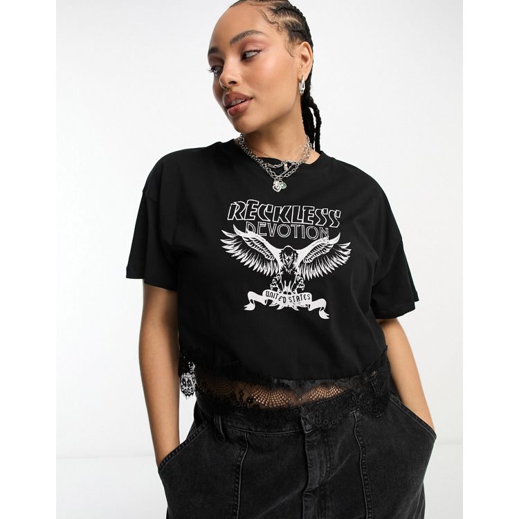 ASOS DESIGN Curve t-shirt with rock graphic with lace trim detail