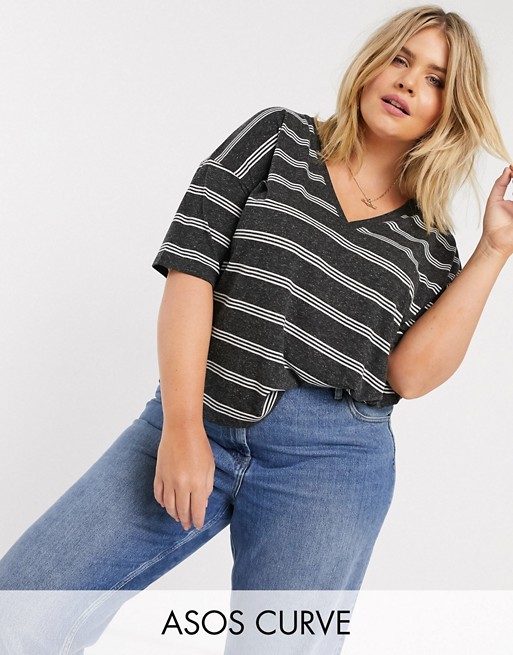 ASOS DESIGN Curve t-shirt with v-neck in linen mix in charcoal stripe