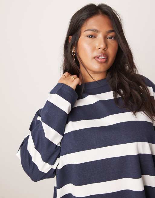 ASOS DESIGN Curve – T-shirt z długim rękawem w granatowe paski