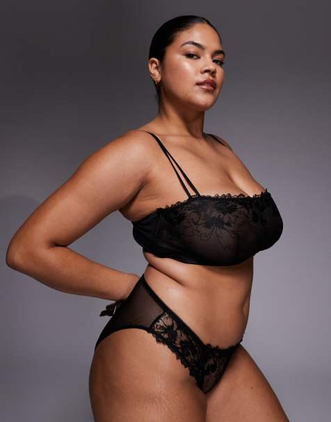 ASOS DESIGN Curve - Tabitha - Braziliaanse slip met geborduurde bloemen in zwart - view 1