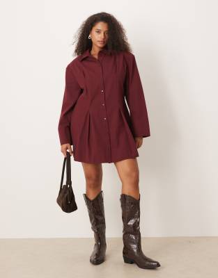 ASOS DESIGN Curve - Tailliertes Mini-Hemdkleid in Burgunderrot mit Schulterpolstern
