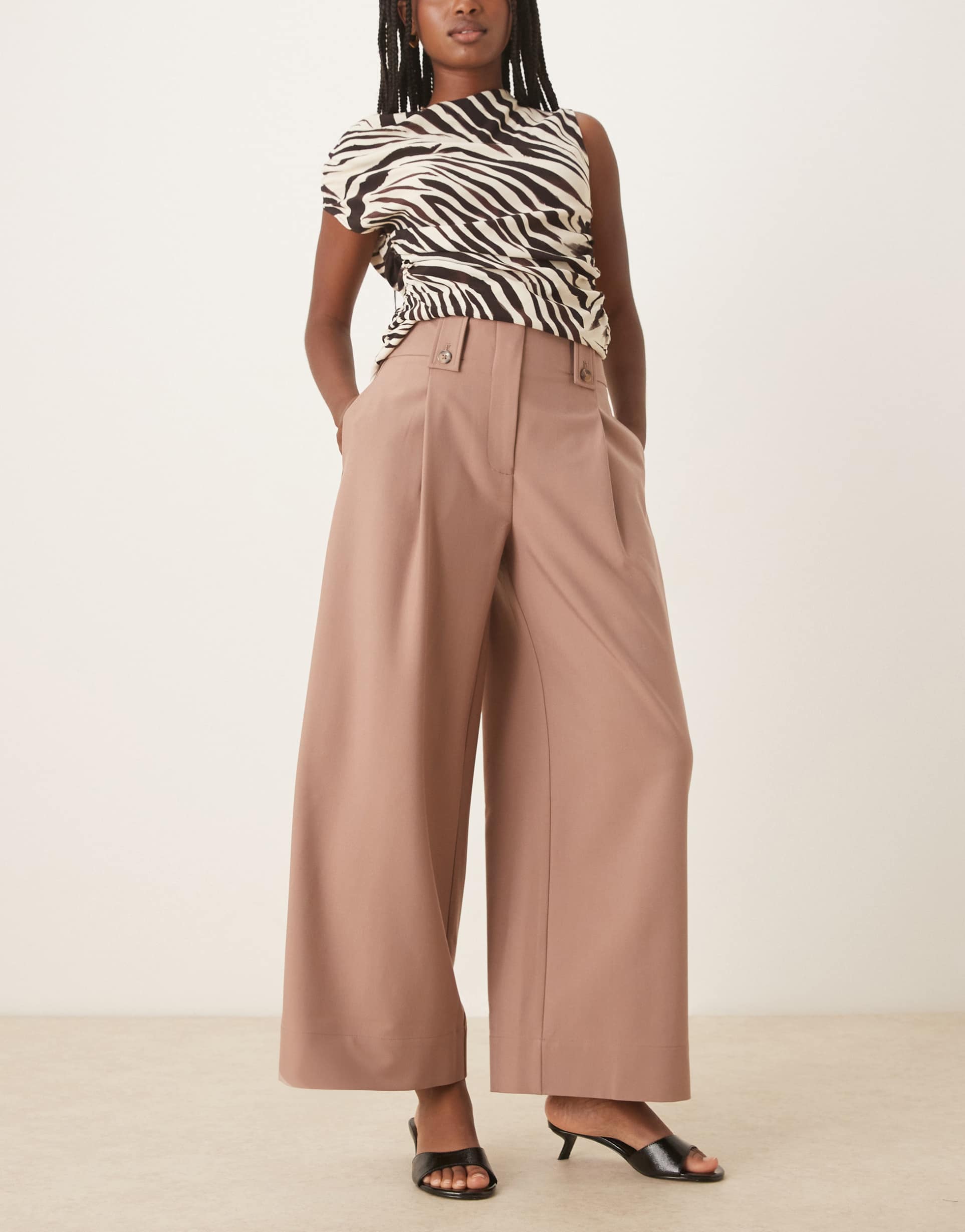 asos design curve tailored ankle grazer pants with tab waist detail in sesame