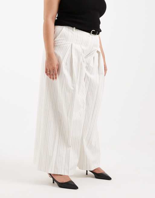 ASOS DESIGN Curve tailored belted palazzo pants with linen in ecru stripe , 2 of 5