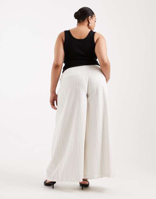 ASOS DESIGN Curve tailored belted palazzo pants with linen in ecru stripe , 5 of 5