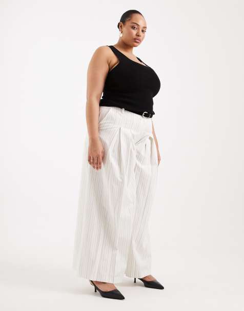 ASOS DESIGN Curve tailored belted palazzo trousers with linen in ecru stripe - view 1