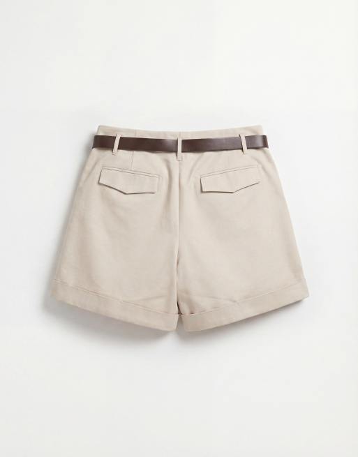 ASOS DESIGN Curve Tailored belted turn up shorts in stone, 6 of 8