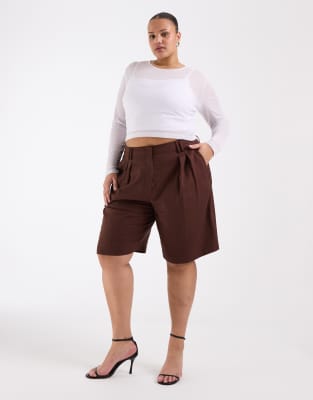 Asos Design Curve Tailored Bermuda Shorts With Linen In Brown