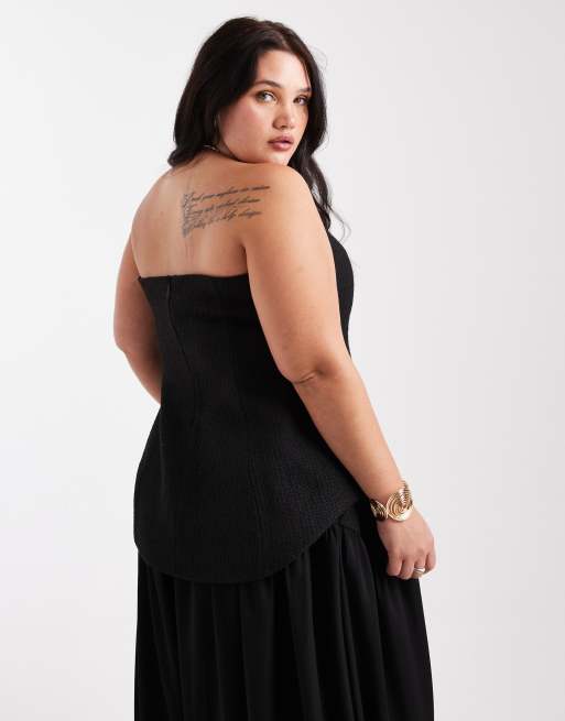 ASOS DESIGN Curve tailored boucle curved hem peplum bandeau co-ord top in black, 2 of 4