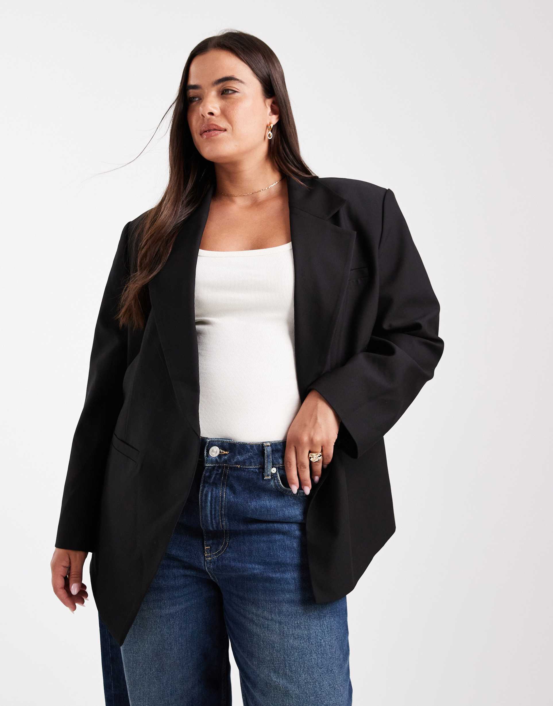 asos design curve tailored cinched waist blazer in black